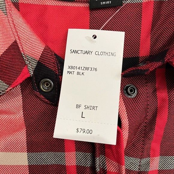 Sanctuary Red Plaid Boyfriend Shirt Snap Roll Tab Flap Pockets Size Large NWT - Picture 4 of 4